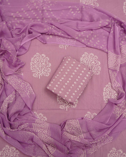 Hand Block Printed Pure Cotton Unstitched Suit With Chiffon Dupatta