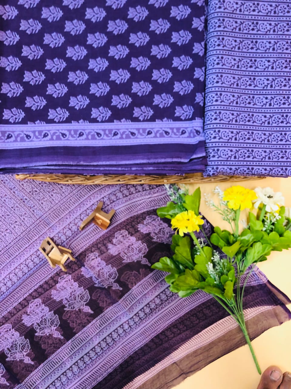 Hand Block Printed Pure Cotton Unstitched Suit With Chiffon Dupatta