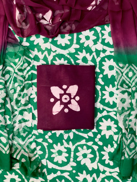 (BATIK) Hand Block Printed Pure Cotton Unstitched Suit With Chiffon Dupatta