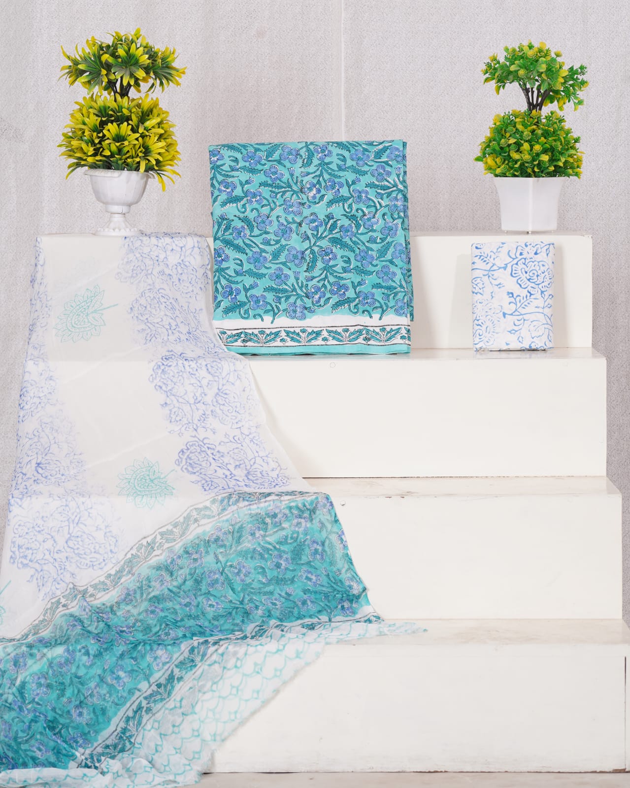 Hand Block Printed Pure Cotton Unstitched Suit With Chiffon Dupatta