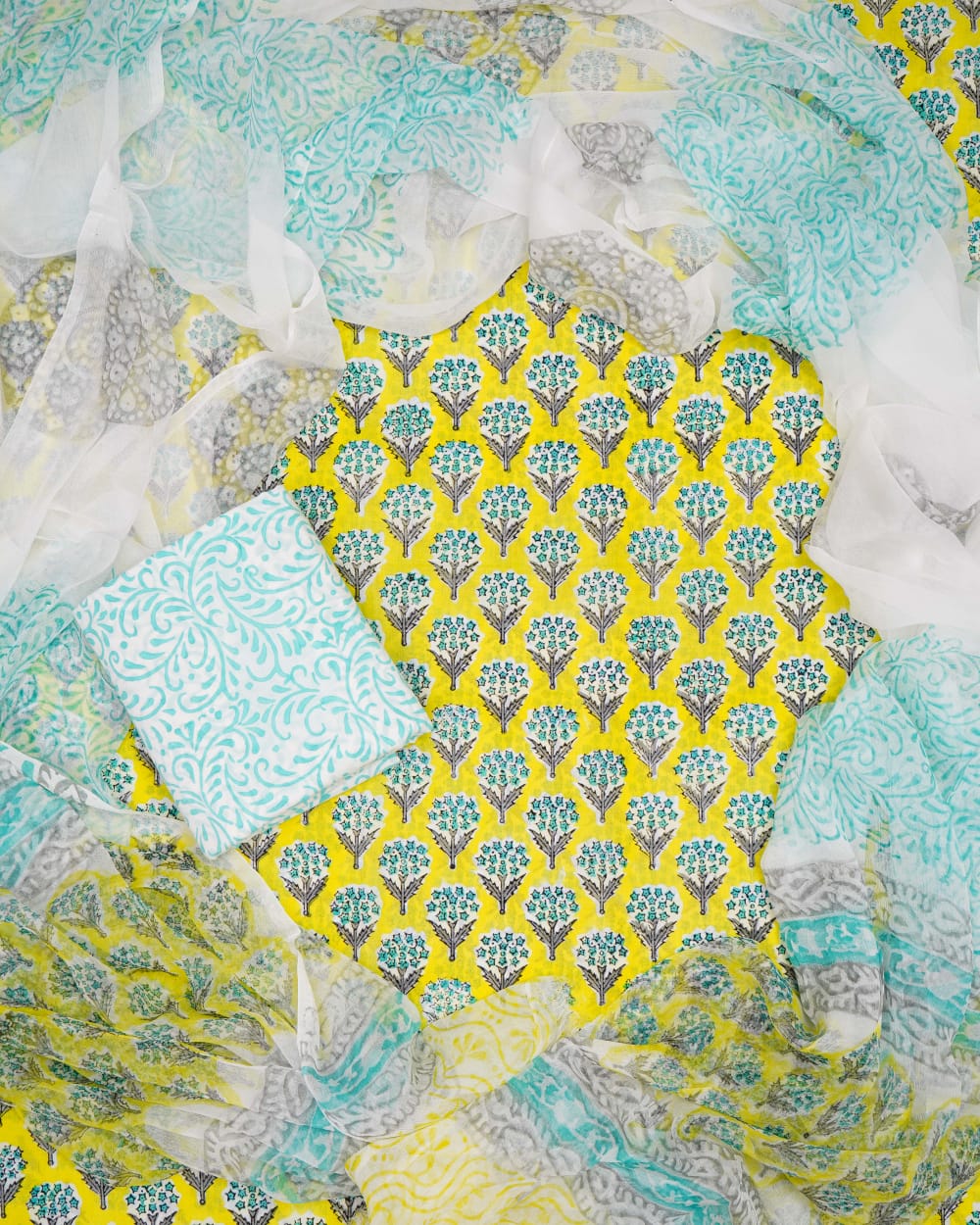 Hand Block Printed Pure Cotton Unstitched Suit With Chiffon Dupatta
