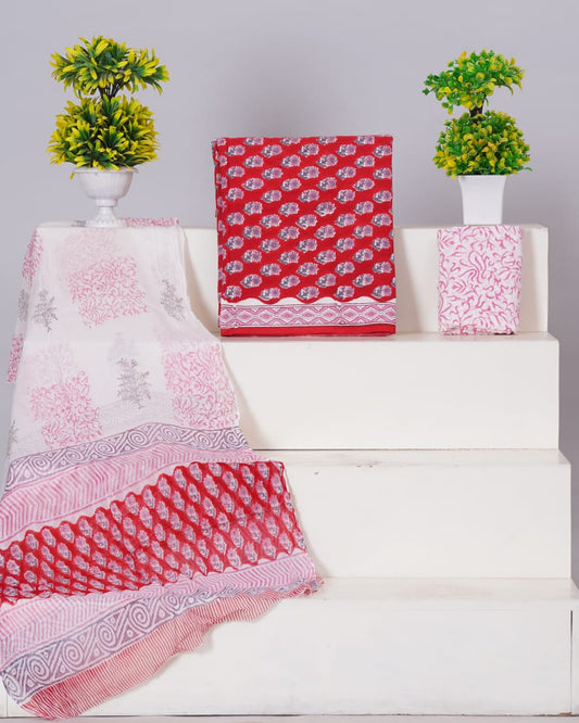 Hand Block Printed Pure Cotton Unstitched Suit With Chiffon Dupatta