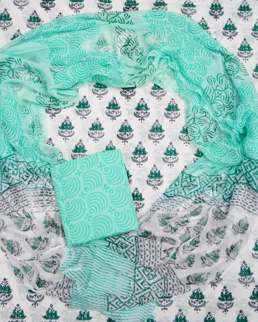 Hand Block Printed Pure Cotton Unstitched Suit With Chiffon Dupatta