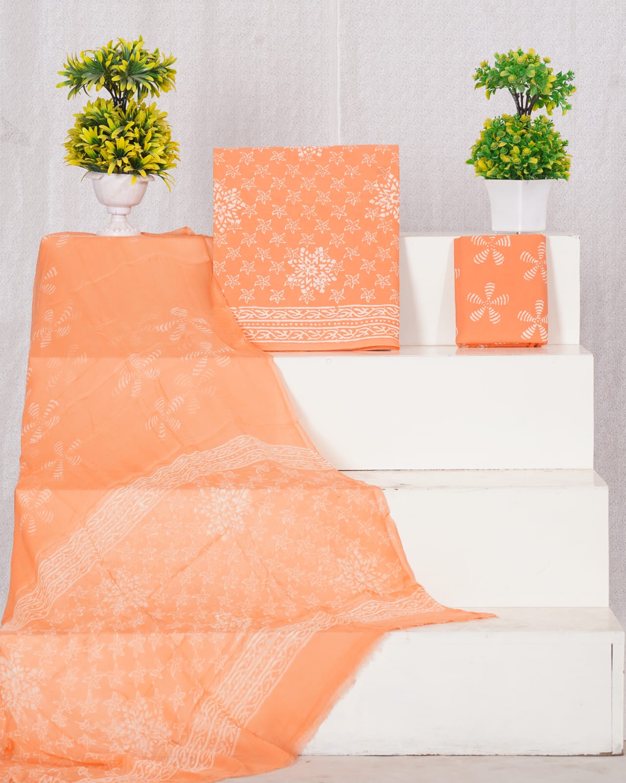 Hand Block Printed Pure Cotton Unstitched Suit With Chiffon Dupatta