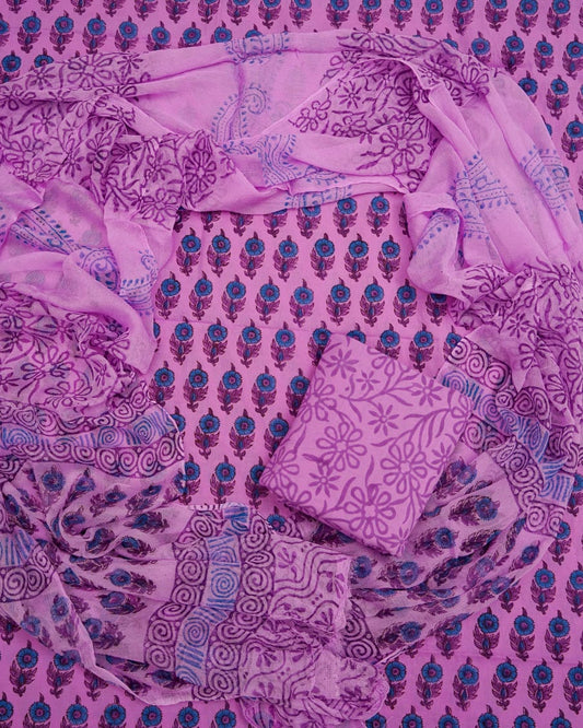 Hand Block Printed Pure Cotton Unstitched Suit With Chiffon Dupatta