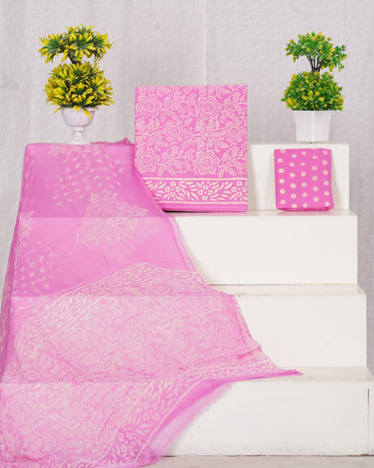 Hand Block Printed Pure Cotton Unstitched Suit With Chiffon Dupatta