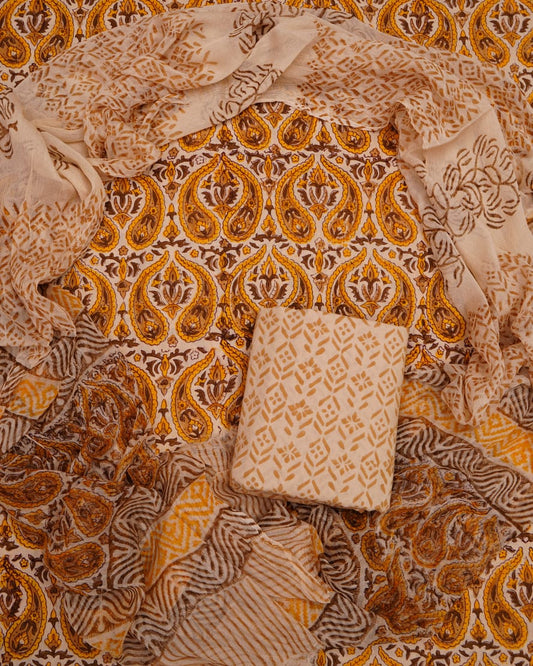 Hand Block Printed Pure Cotton Unstitched Suit With Chiffon Dupatta