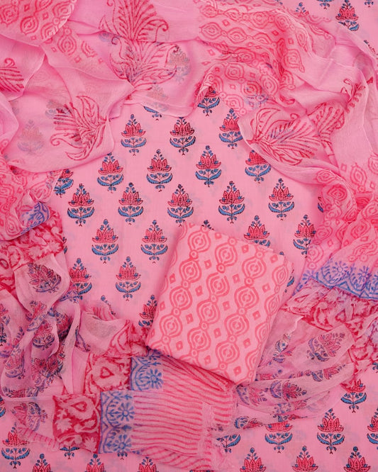 Hand Block Printed Pure Cotton Unstitched Suit With Chiffon Dupatta