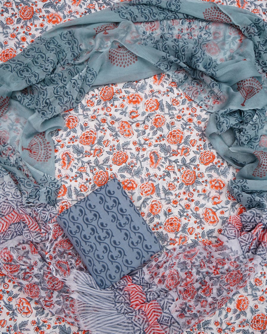 Hand Block Printed Pure Cotton Unstitched Suit With Chiffon Dupatta