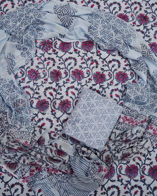 Hand Block Printed Pure Cotton Unstitched Suit With Chiffon Dupatta