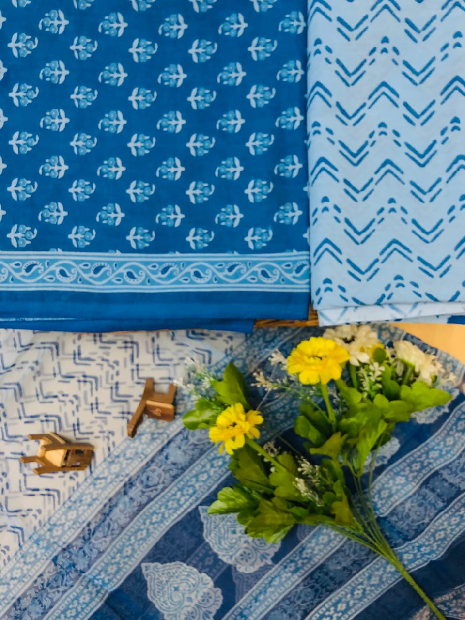 Hand Block Printed Pure Cotton Unstitched Suit With Chiffon Dupatta