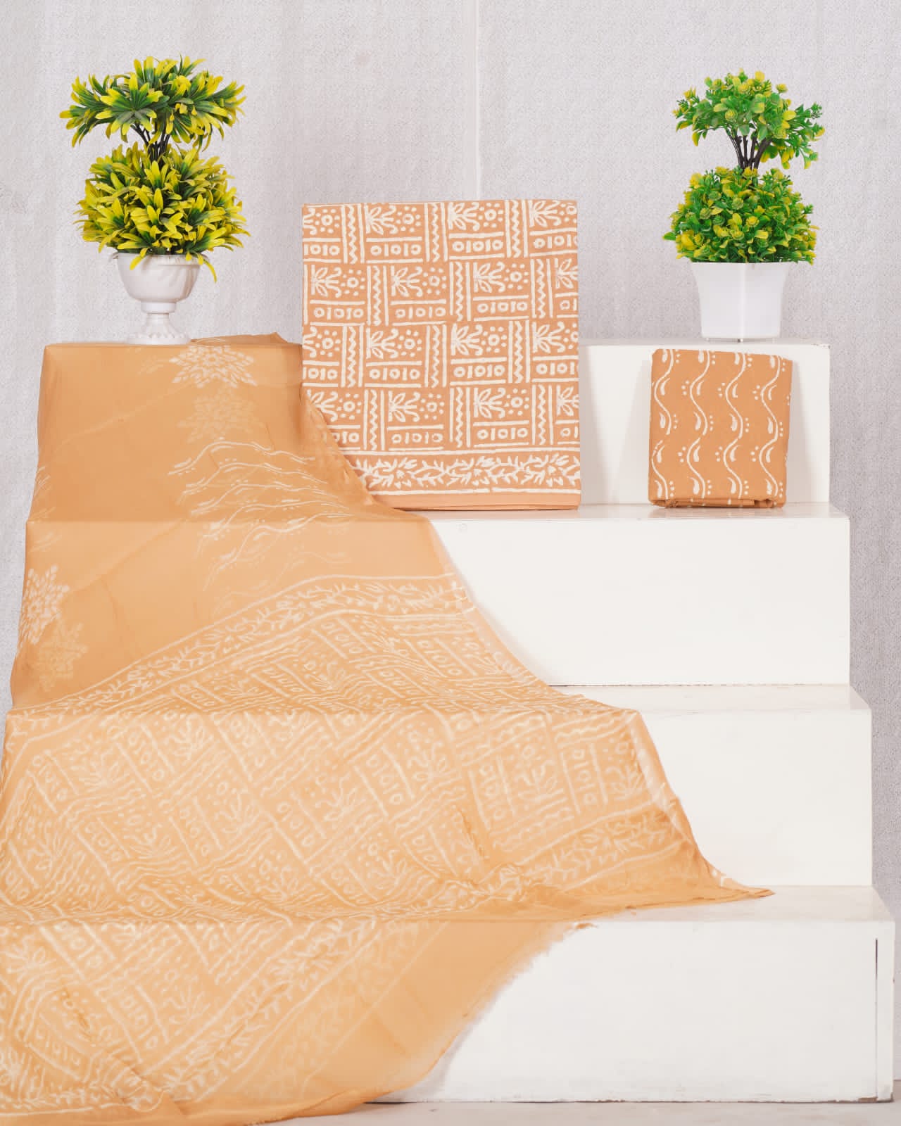 Hand Block Printed Pure Cotton Unstitched Suit With Chiffon Dupatta