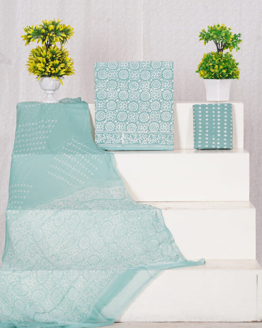 Hand Block Printed Pure Cotton Unstitched Suit With Chiffon Dupatta