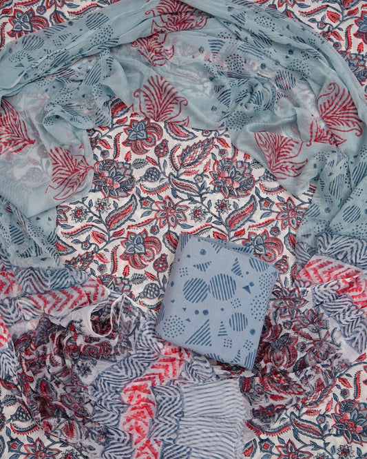 Hand Block Printed Pure Cotton Unstitched Suit With Chiffon Dupatta