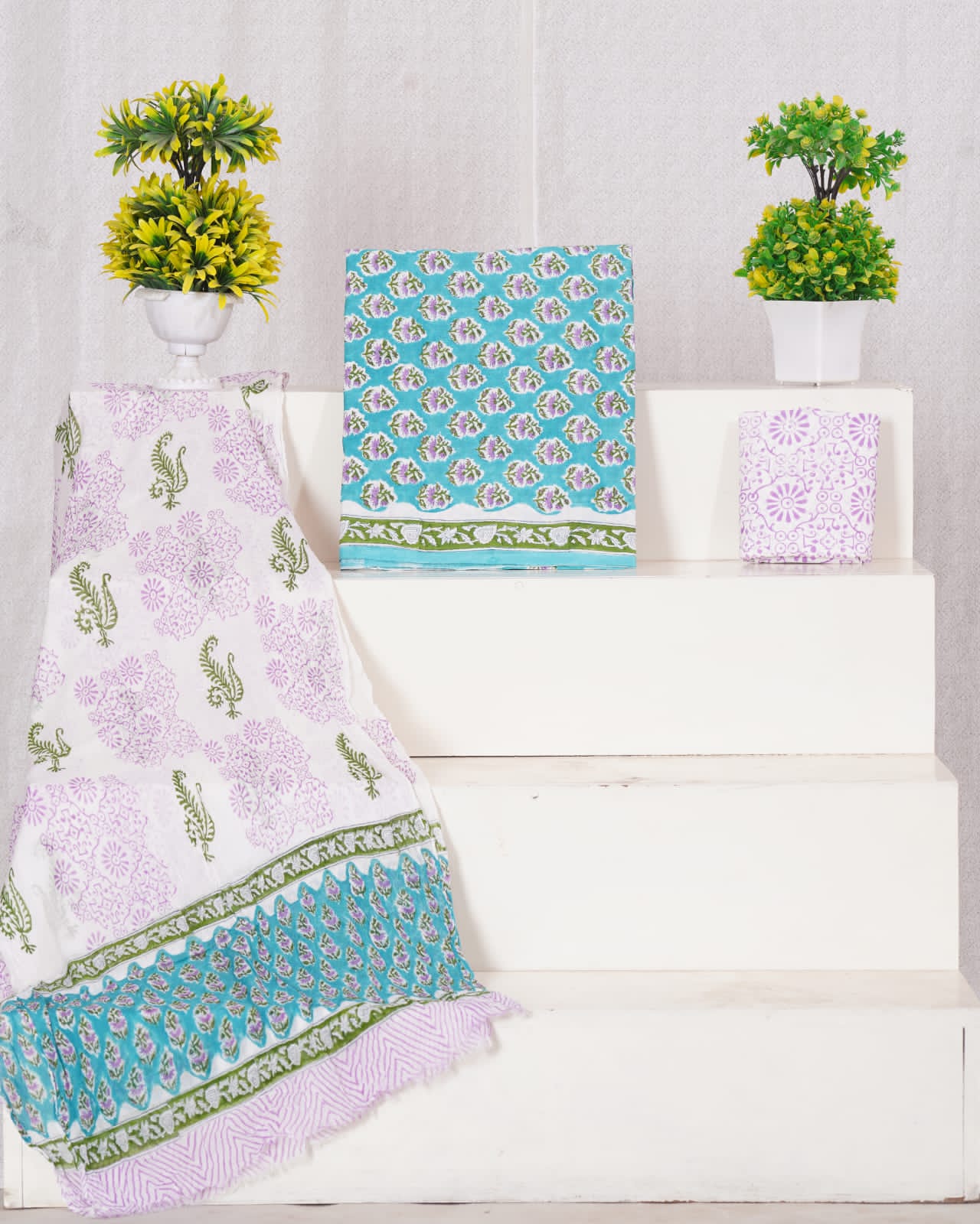 Hand Block Printed Pure Cotton Unstitched Suit With Chiffon Dupatta