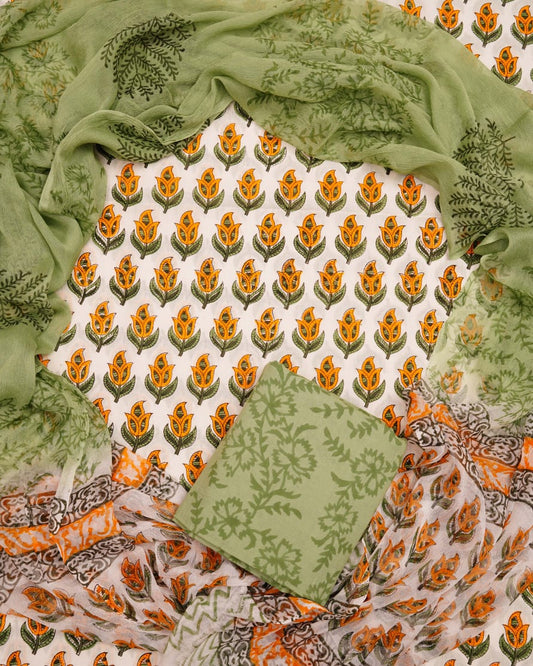 Hand Block Printed Pure Cotton Unstitched Suit With Chiffon Dupatta