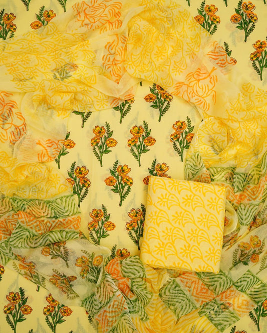 Hand Block Printed Pure Cotton Unstitched Suit With Chiffon Dupatta