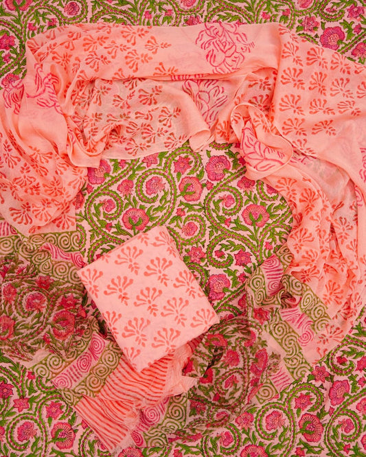 Hand Block Printed Pure Cotton Unstitched Suit With Chiffon Dupatta