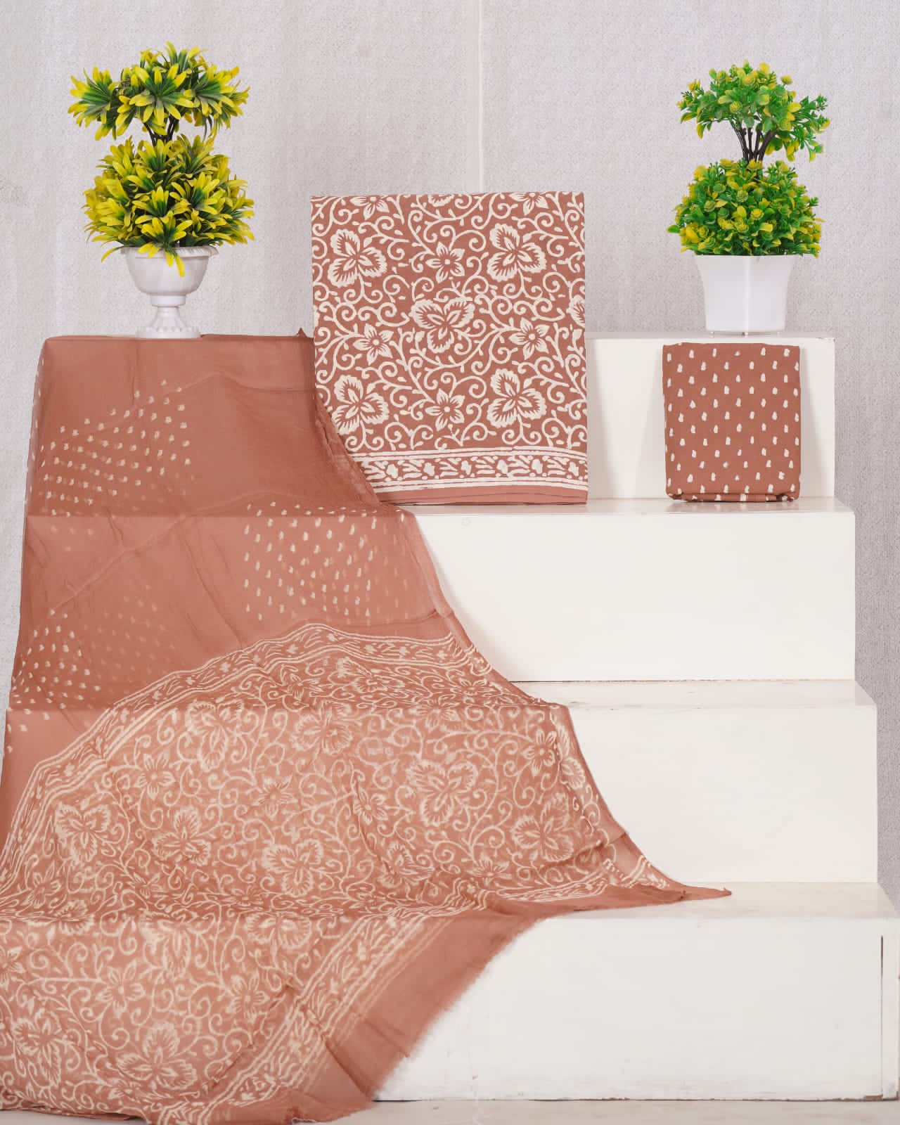 Hand Block Printed Pure Cotton Unstitched Suit With Chiffon Dupatta