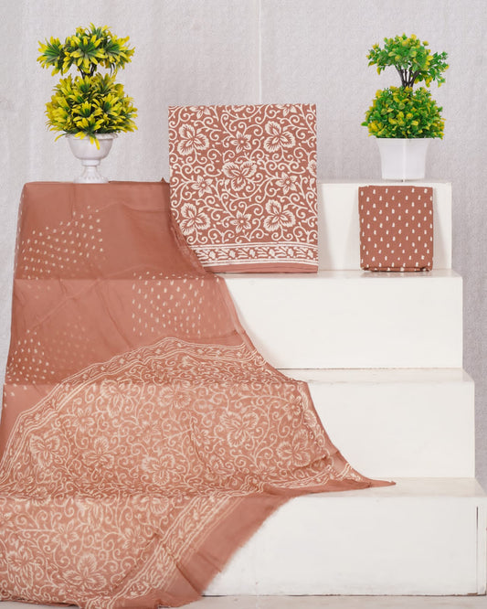 Hand Block Printed Pure Cotton Unstitched Suit With Chiffon Dupatta
