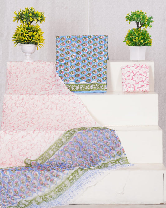 Hand Block Printed Pure Cotton Unstitched Suit With Chiffon Dupatta