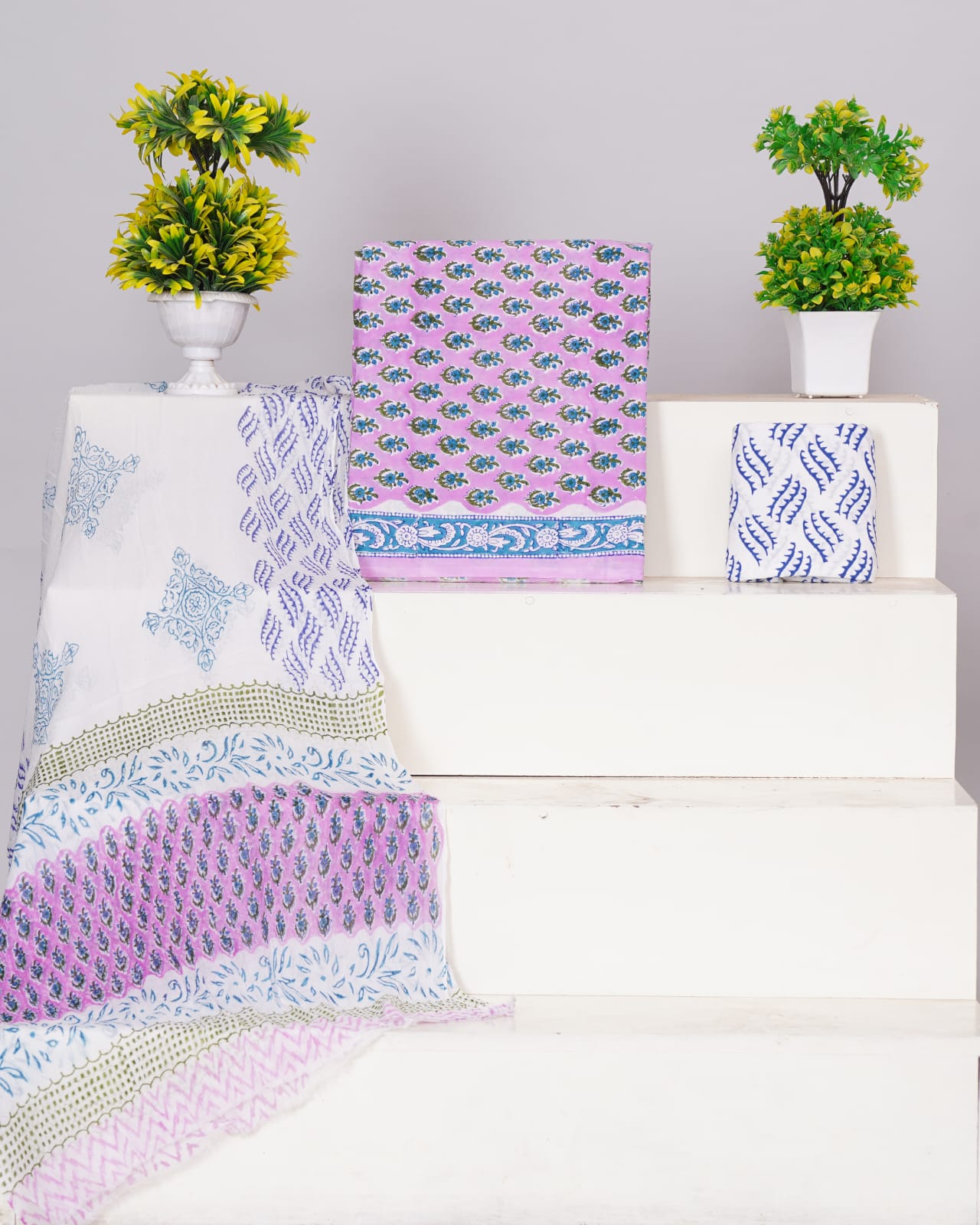 Hand Block Printed Pure Cotton Unstitched Suit With Chiffon Dupatta