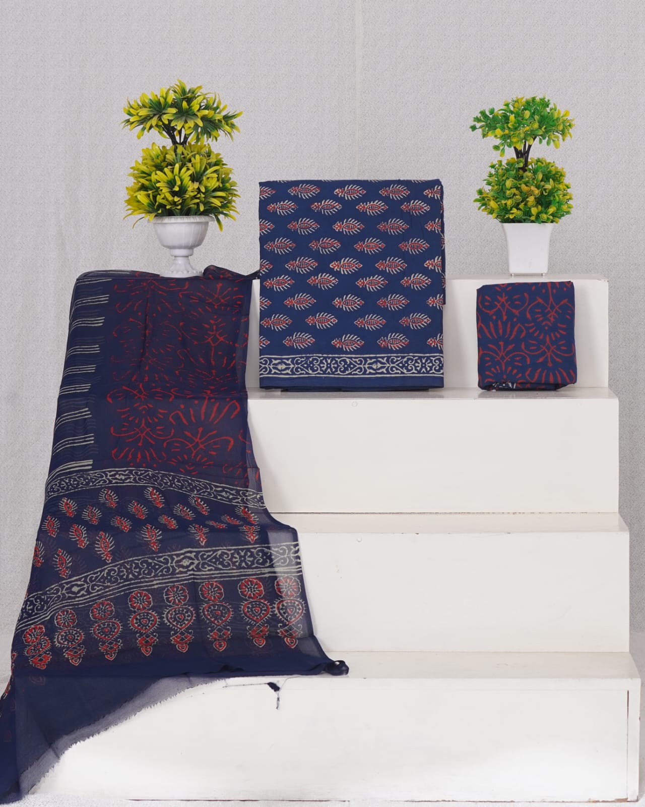 Hand Block Printed Pure Cotton Unstitched Suit With Chiffon Dupatta