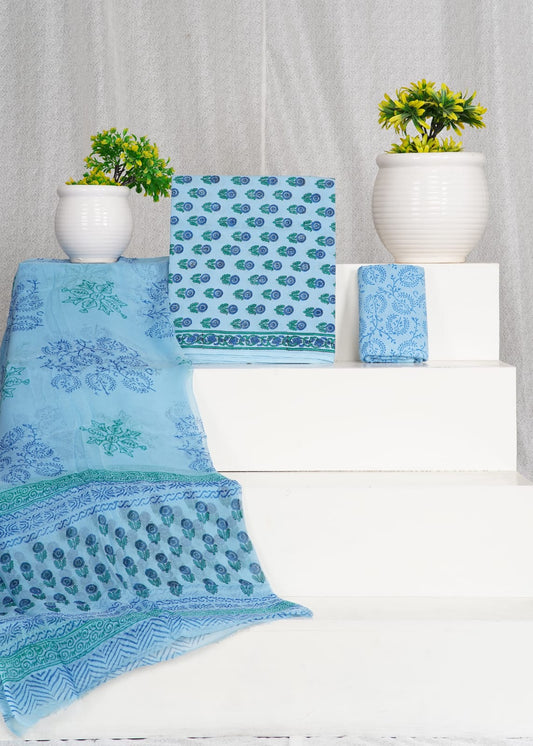 Hand Block Printed Pure Cotton Unstitched Suit With Chiffon Dupatta