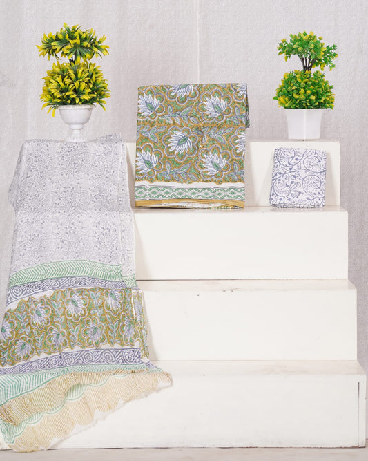 Hand Block Printed Pure Cotton Unstitched Suit With Chiffon Dupatta