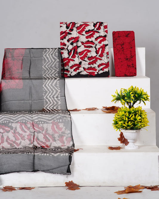 Hand Block Printed Pure Cotton Unstitched Suit With Chiffon Dupatta