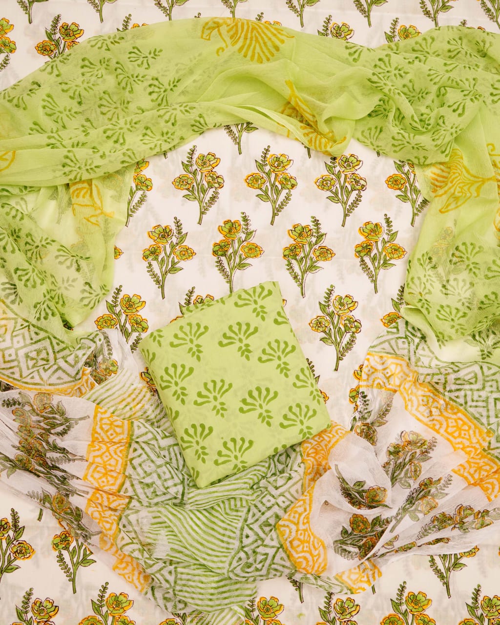 Hand Block Printed Pure Cotton Unstitched Suit With Chiffon Dupatta
