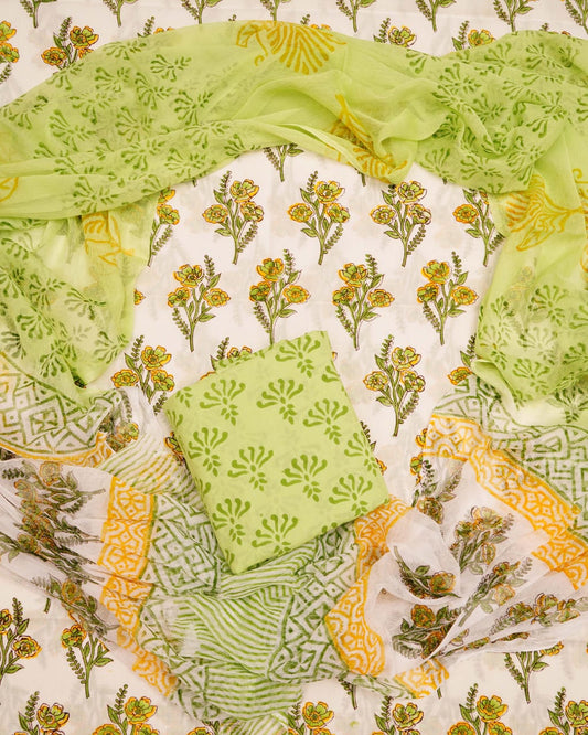 Hand Block Printed Pure Cotton Unstitched Suit With Chiffon Dupatta
