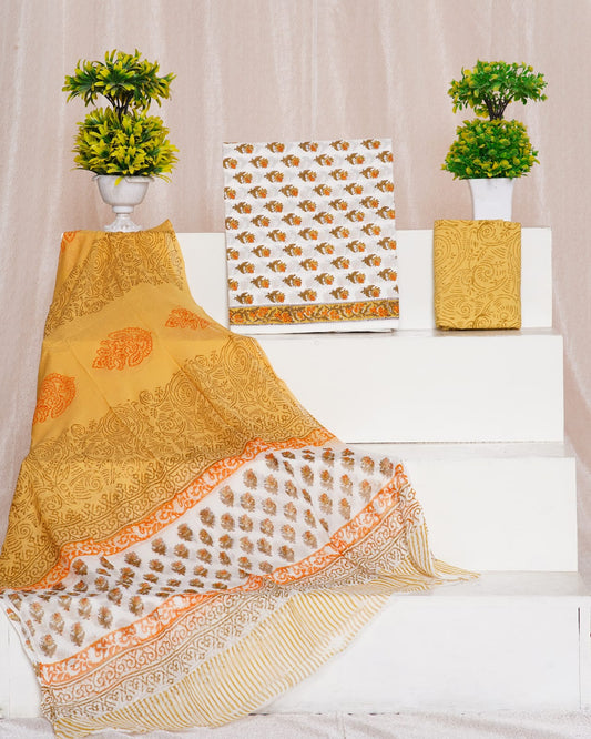 Hand Block Printed Pure Cotton Unstitched Suit With Chiffon Dupatta