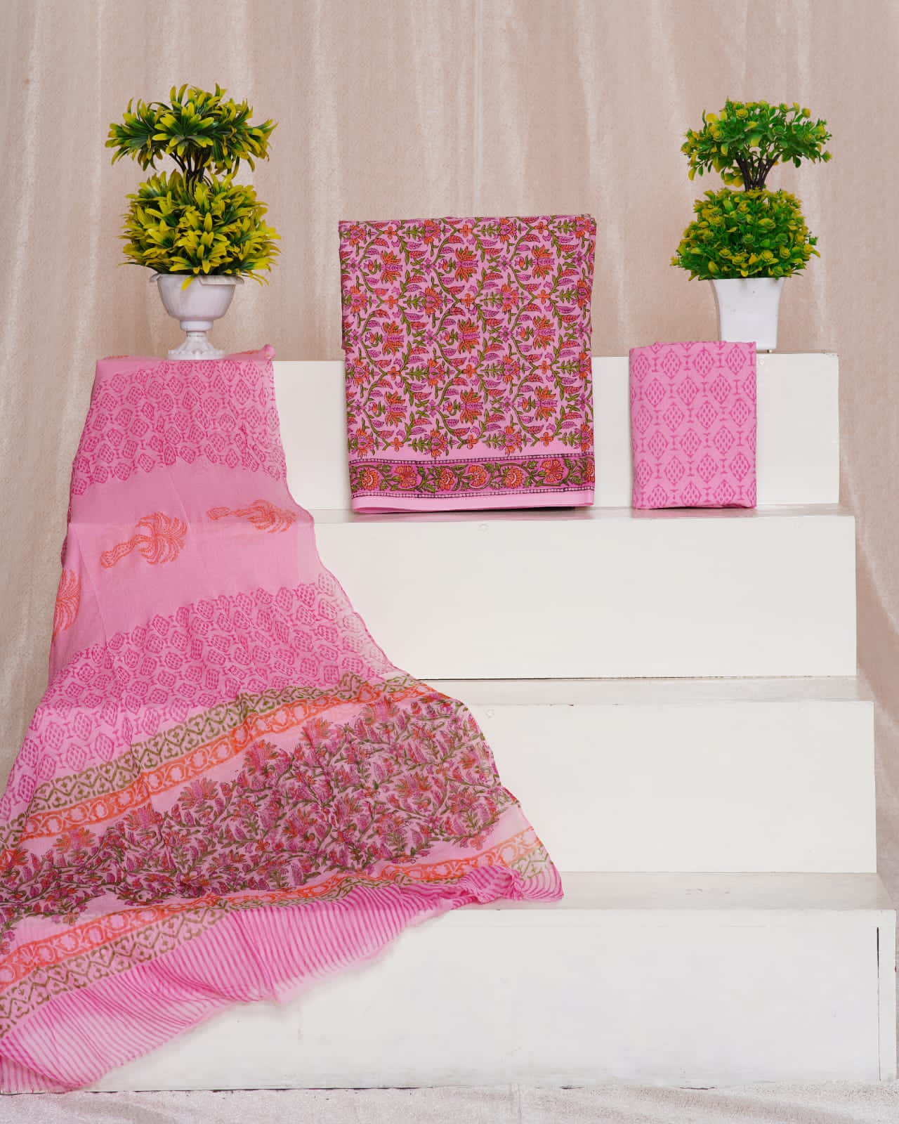 Hand Block Printed Pure Cotton Unstitched Suit With Chiffon Dupatta