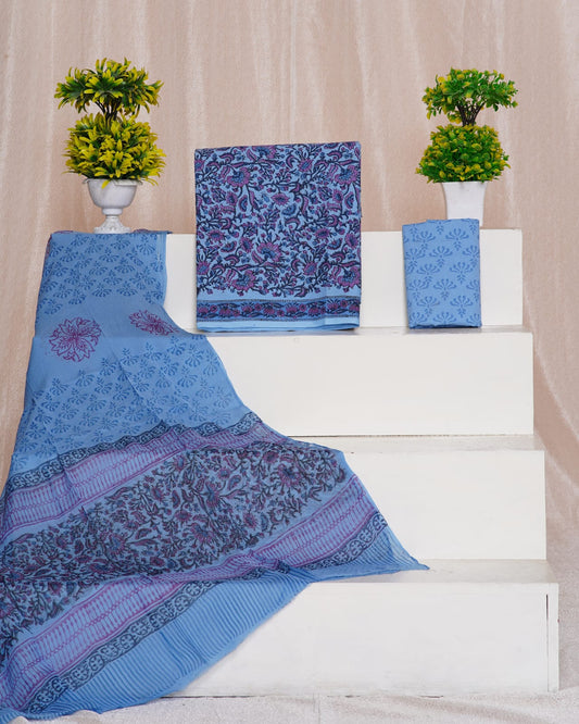 Hand Block Printed Pure Cotton Unstitched Suit With Chiffon Dupatta