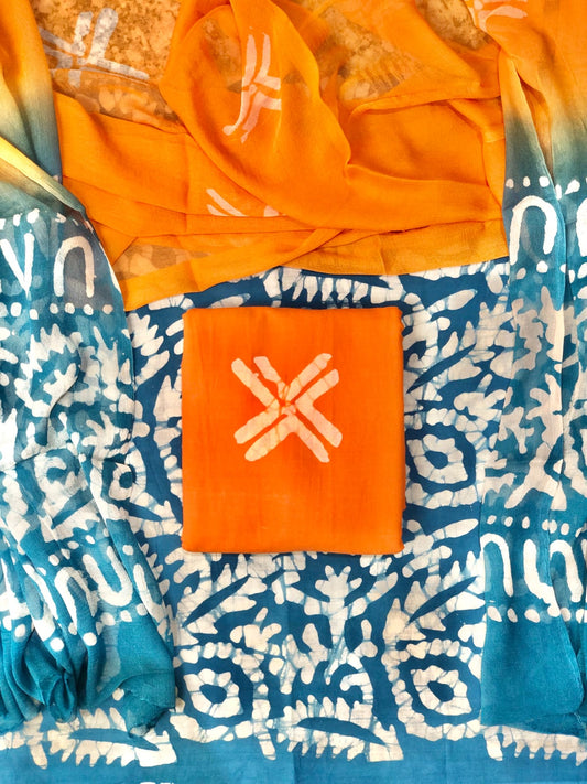 (BATIK) Hand Block Printed Pure Cotton Unstitched Suit With Chiffon Dupatta
