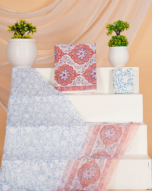 Hand Block Printed Pure Cotton Unstitched Suit With Chiffon Dupatta