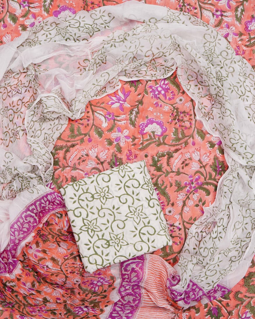 Hand Block Printed Pure Cotton Unstitched Suit With Chiffon Dupatta