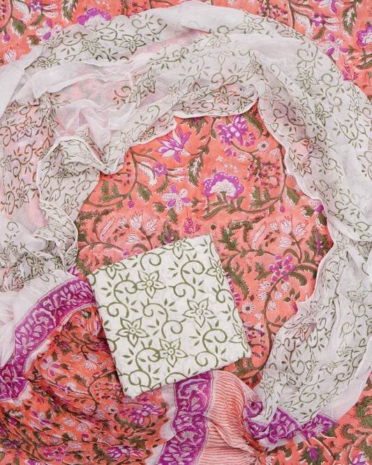 Hand Block Printed Pure Cotton Unstitched Suit With Chiffon Dupatta