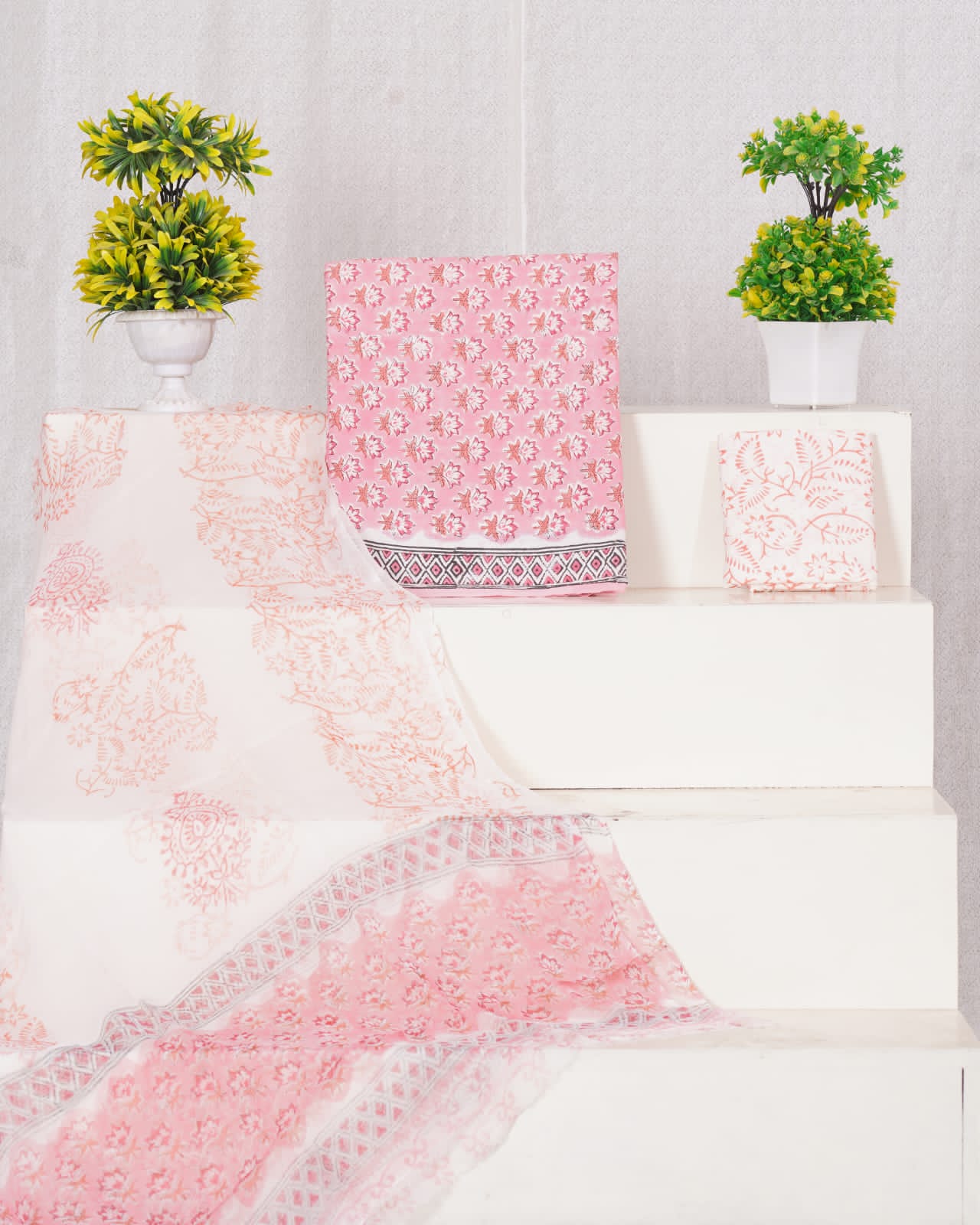 Hand Block Printed Pure Cotton Unstitched Suit With Chiffon Dupatta