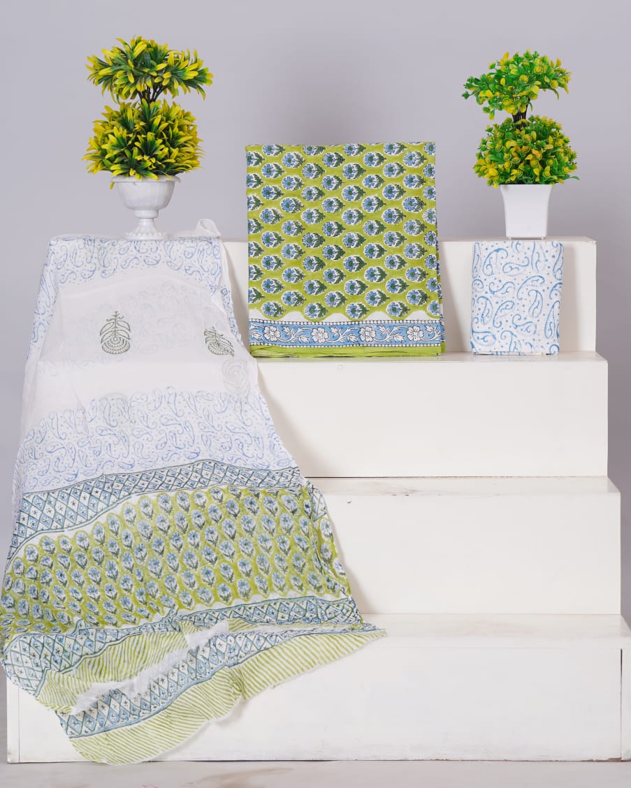 Hand Block Printed Pure Cotton Unstitched Suit With Chiffon Dupatta