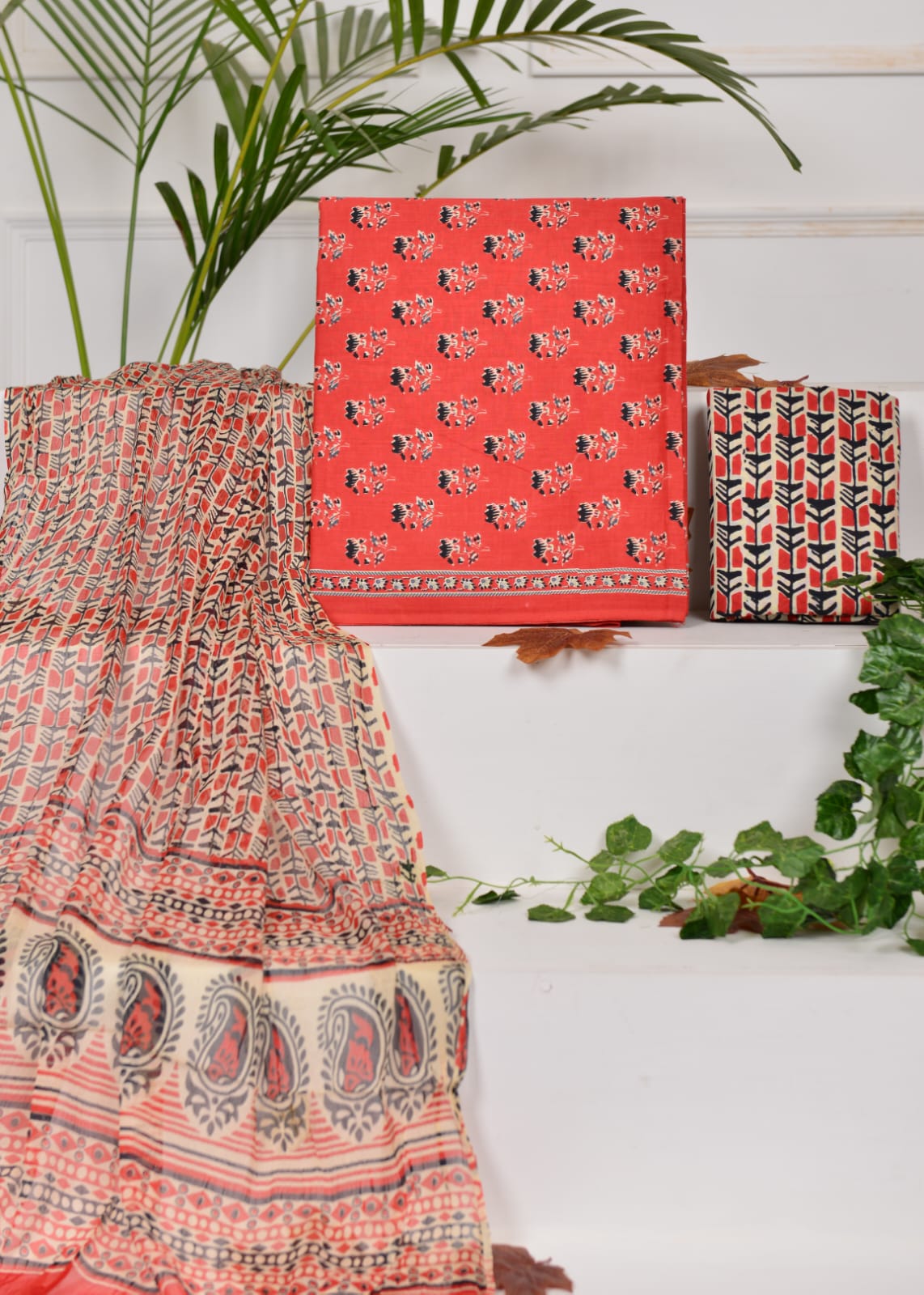 Hand Block Printed Pure Cotton Unstitched Suit With Chiffon Dupatta