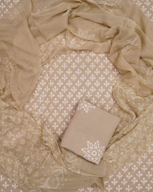 Hand Block Printed Pure Cotton Unstitched Suit With Chiffon Dupatta