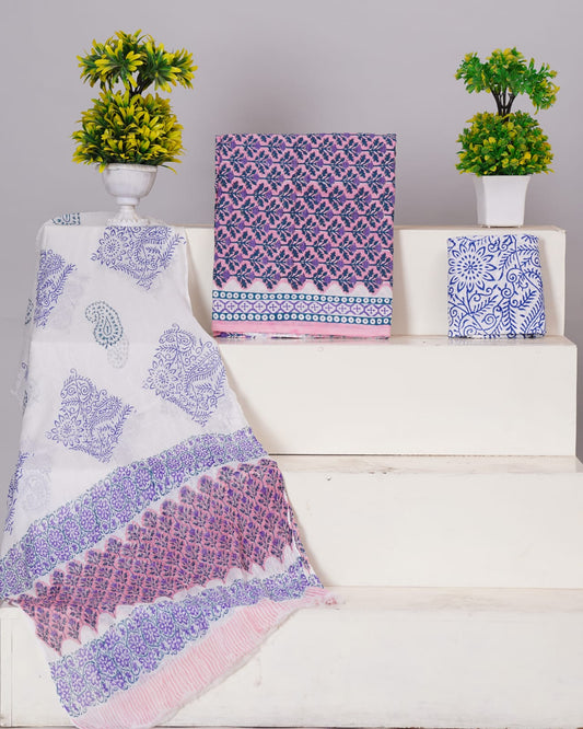Hand Block Printed Pure Cotton Unstitched Suit With Chiffon Dupatta