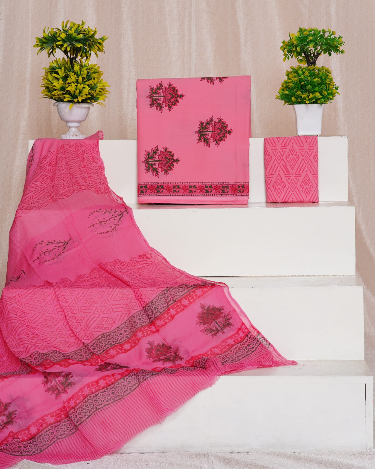 Hand Block Printed Pure Cotton Unstitched Suit With Chiffon Dupatta