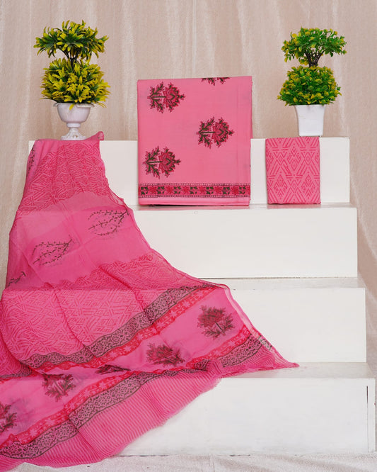 Hand Block Printed Pure Cotton Unstitched Suit With Chiffon Dupatta