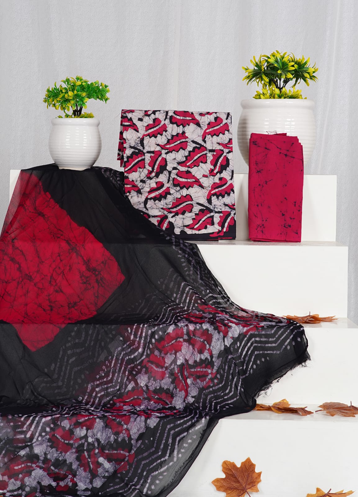 Hand Block Printed Pure Cotton Unstitched Suit With Chiffon Dupatta