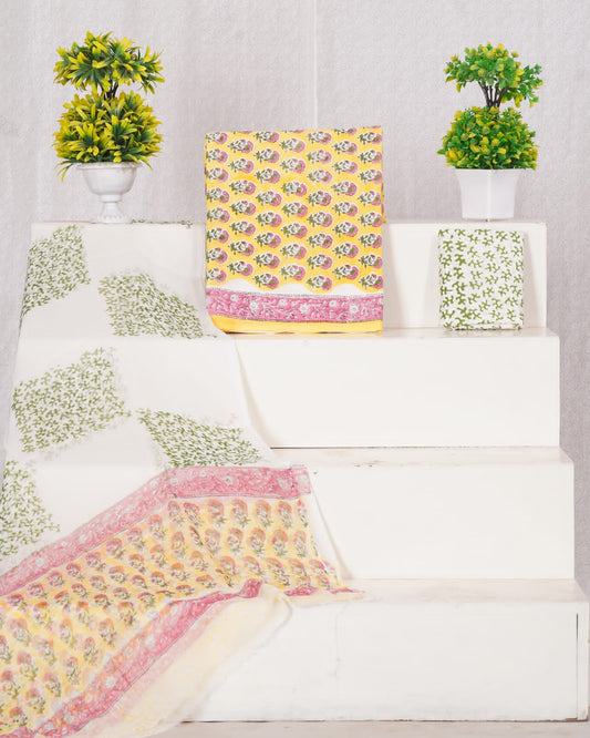 Hand Block Printed Pure Cotton Unstitched Suit With Chiffon Dupatta