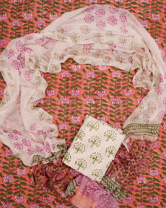 Hand Block Printed Pure Cotton Unstitched Suit With Chiffon Dupatta