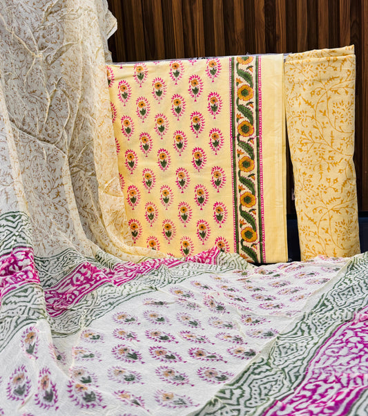 Pure Cotton Unstitched Suit With Chiffon Dupatta